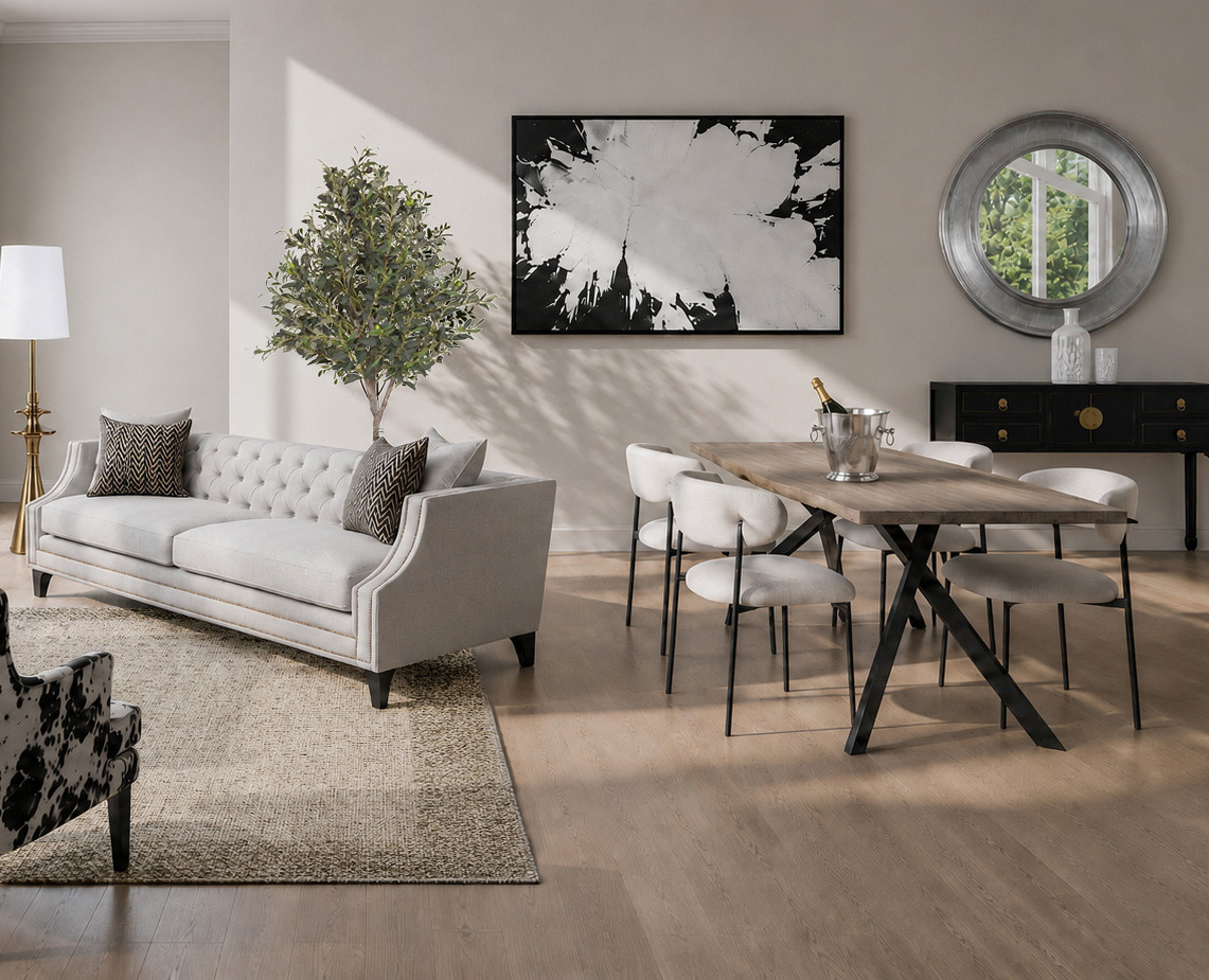 An elegantly furnished open-plan living and dining space