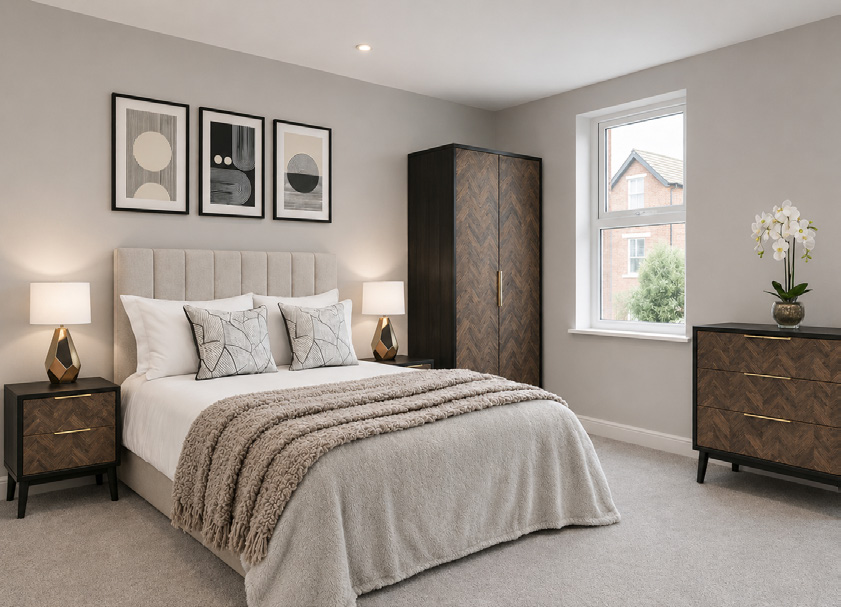 A herringbone bedroom scheme with mink upholstery
