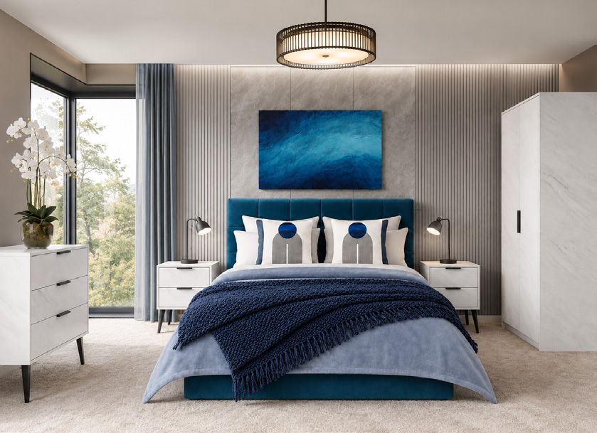 A marble-effect bedroom scheme with a blue velvet bed