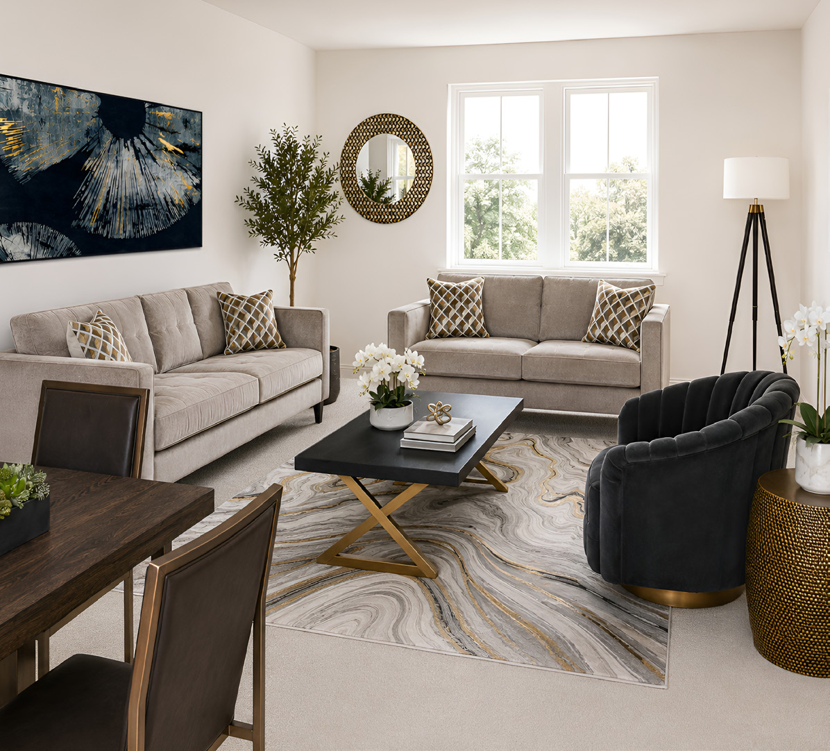 A furnished open-plan living and dining room in a new-build home