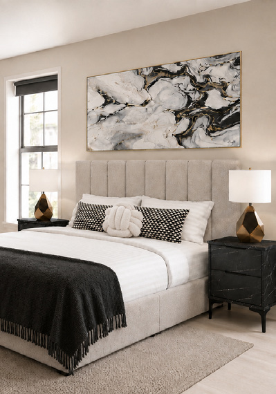A calm, neutrally styled bedroom scheme