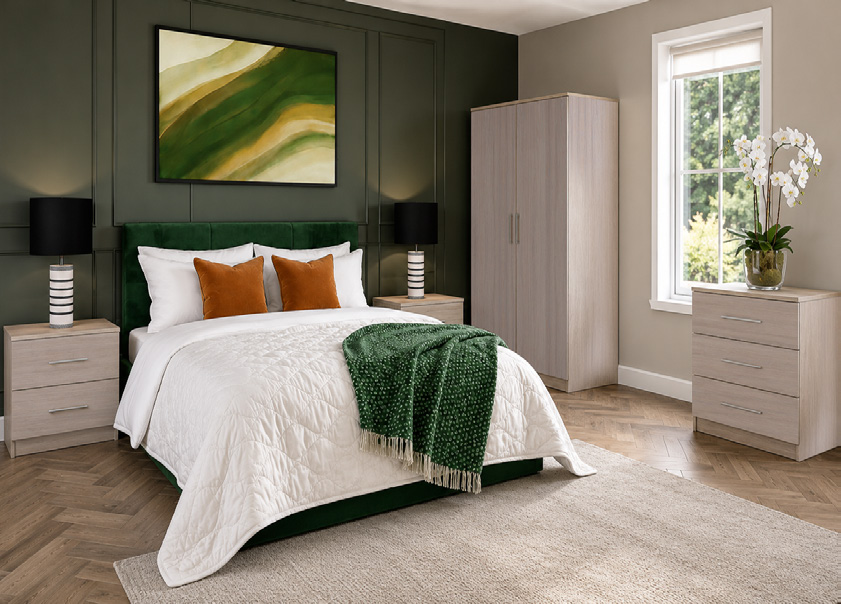 A completed bedroom installation with green accents